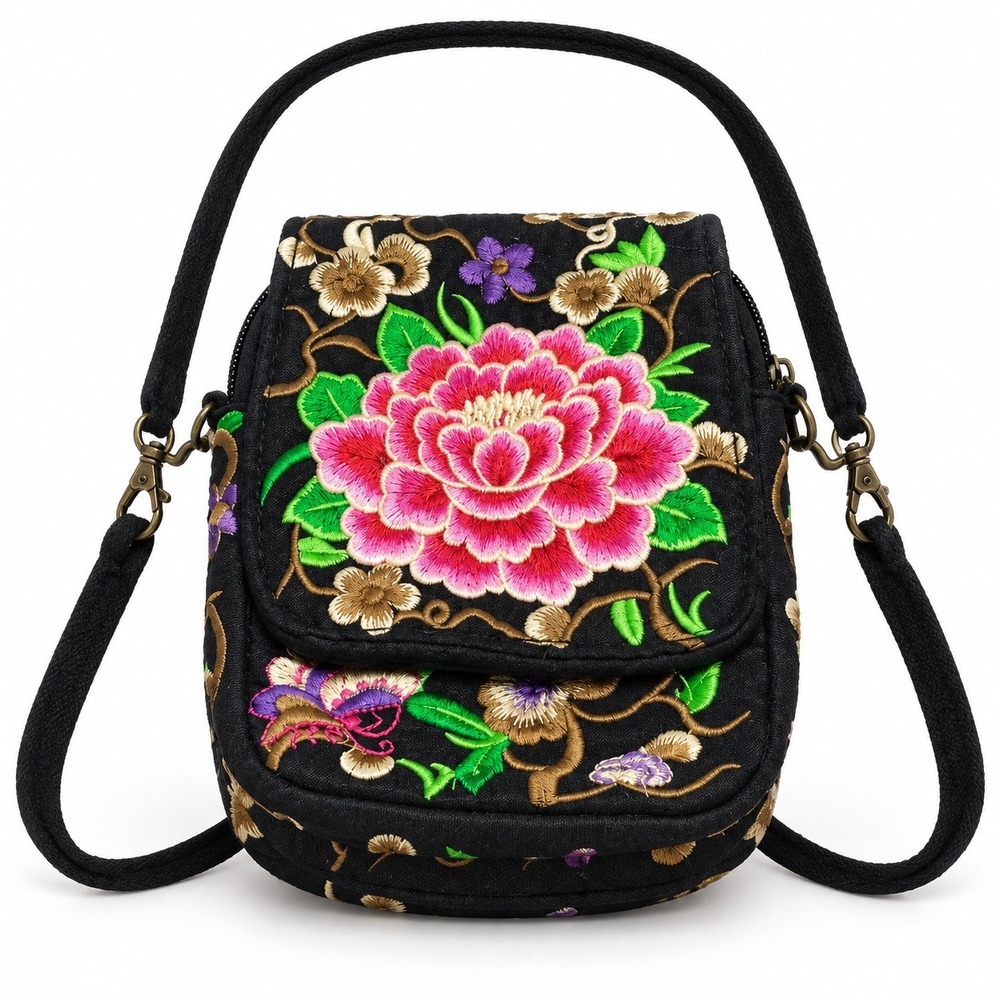 Floral Embroidered Canvas Crossbody Bag Black Boho Peony Small Travel Purse